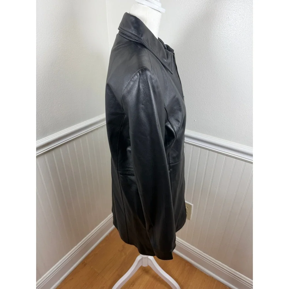 Jaclyn Smith Womens Black Leather Full Zip Collared Coat Casual Outerwear Size S